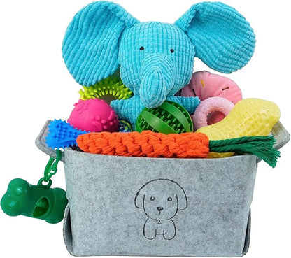 20Pcs Puppy Chew Toys for Teething, Dog Chew Toys with Rope Toys, Pet Dog Toothbrush, Treat Balls, Plush Toys and Squeaky Toy for Small Medium Dogs with Basket (20 Pack Elephant)