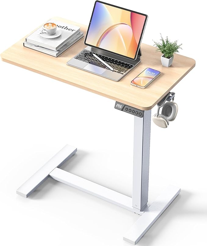 Electric Adjustable Height Standing Desk - Small Sit Stand Portable Rolling Laptop Table with Hidden Wheels, Small Computer Workstation for Bedside & Home Office Use (28"x16", Oak)