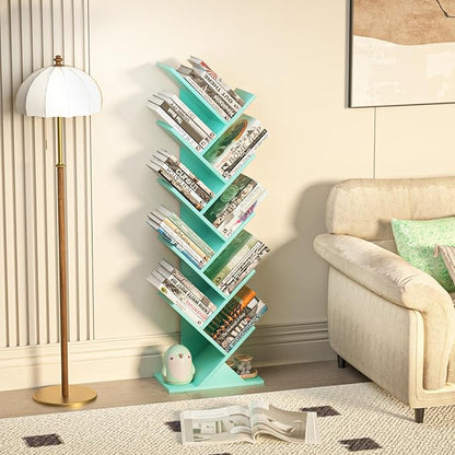 10 Tier Tree Book Shelf, Floor Standing Wood Bookshelf for Narrow Space, Storage Organizer Bookshelves for Books/CDs/Magazine, Bookcase with Shelves for Home Office, Living Room - Green