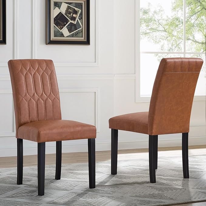 VECELO Upholstered Dining Chairs Set of 2, Modern PU Leather Accent Parsons, Solid Wood Legs w/Rubber Footpads, for Living Room Kitchen, Brown