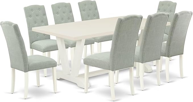 East West Furniture V027CE215-9 9 Piece Dining Table Set Includes a Rectangle Dining Room Table with V-Legs and 8 Baby Blue Linen Fabric Upholstered Chairs, 40x72 Inch, Multi-Color