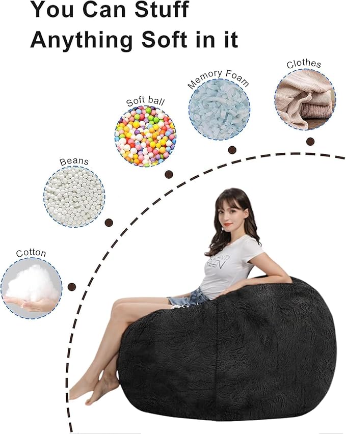 Bean Bag Chair for Kids Adults Without Filler Oversized Round Plush Beanbag Chair Lazy Sofa Cover for Stuffed Animal Storage Floor Chair, 5FT, Light Grey