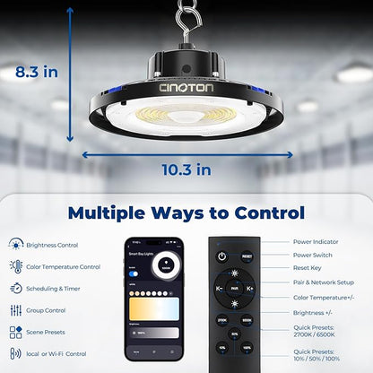 CINOTON Smart UFO LED High Bay Light 150W 21000lm, 2700K-6500K 1-100% Brightness Stepless Dimm Aluminum Shop Lights, ETL Listed Lighting for Garage Factory, APP/Alexa/Remote Control, 120-277V, 1 Pack