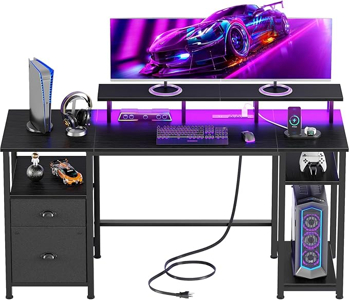 Furologee 51" Gaming Desk with Power Outlets & LED Lights, Reversible Computer Desk with File Cabinet & Monitor Stand for Home Office, Large Work Table with Storage Shelves & Drawer, Black