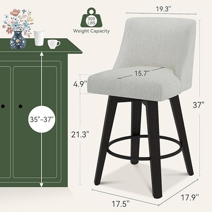 Vipbear Swivel Counter Height Bar Stools Set of 3,26.8" H Counter Stools with Back, Mid Century Modern Bar Stools for Kitchen Island,Linen Fabric,Wooden Base, White