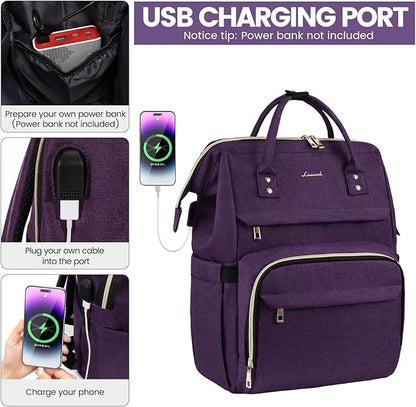 LOVEVOOK Laptop Backpack for Women,17 Inch Professional Womens Travel Backpack Purse Computer Laptop Bag Nurse Teacher Backpack,Waterproof Work Bags Carry on Back Pack with USB Port,Dark Purple
