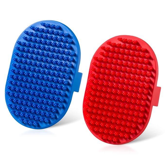Lilpep Dog Bath Brush, Rubber Pet Shampoo Brush with Silicone Bristles for Massaging Grooming, Removing Short Haired Dogs Cats Shedding, Tangles and Dead Undercoat 2pcs (Blue+Red, plum brush)