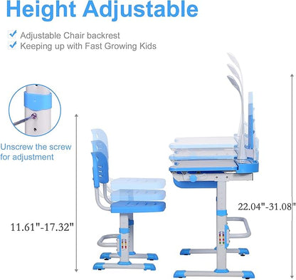 Kids Desk and Chair Set, Height Adjustable Child's School Study Writing Tables with Tilt Desktop, LED Light, Storage Drawer, Book Stand (Blue)