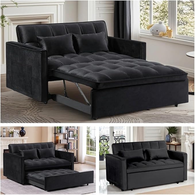 3 in1 Sofa Bed, Pull-Out Sleeper Sofa Bed with 3-Level Adjustable Backrest, Velvet Fabric Convertible Love Seat Sleepers Beds for Living Room & Bedroom & Apartment, Black