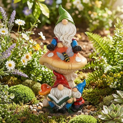 TERESA'S COLLECTIONS Garden Gnomes Statues Decorations for Yard with Solar Lights, Resin Gnome on Mushroom Reading Garden Decor Outdoor for Patio Lawn Ornaments,Ideal Gifts for Dad and Mom, 12.6"