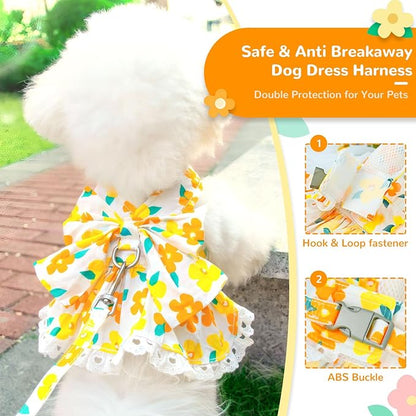 Dog Harness Dress Leash Set for Small Dog Summer Clothes Girl Female Puppy Cats Outfits Cute Floral Bowknot Princess Birthday Dress for Extra Small Pet Doggie Kitten Outfits Apparel(Yellow,L)
