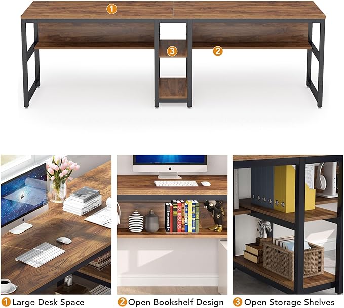 Tribesigns Two Person Desk with Bookshelf, 78.7 Computer Office Double Desk for Two Person, Rustic Writing Desk Workstation with Shelf for Home Office (Brown)