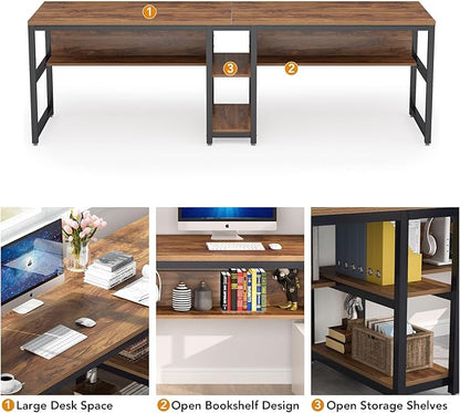 Tribesigns Two Person Desk with Bookshelf, 78.7 Computer Office Double Desk for Two Person, Rustic Writing Desk Workstation with Shelf for Home Office (Brown)