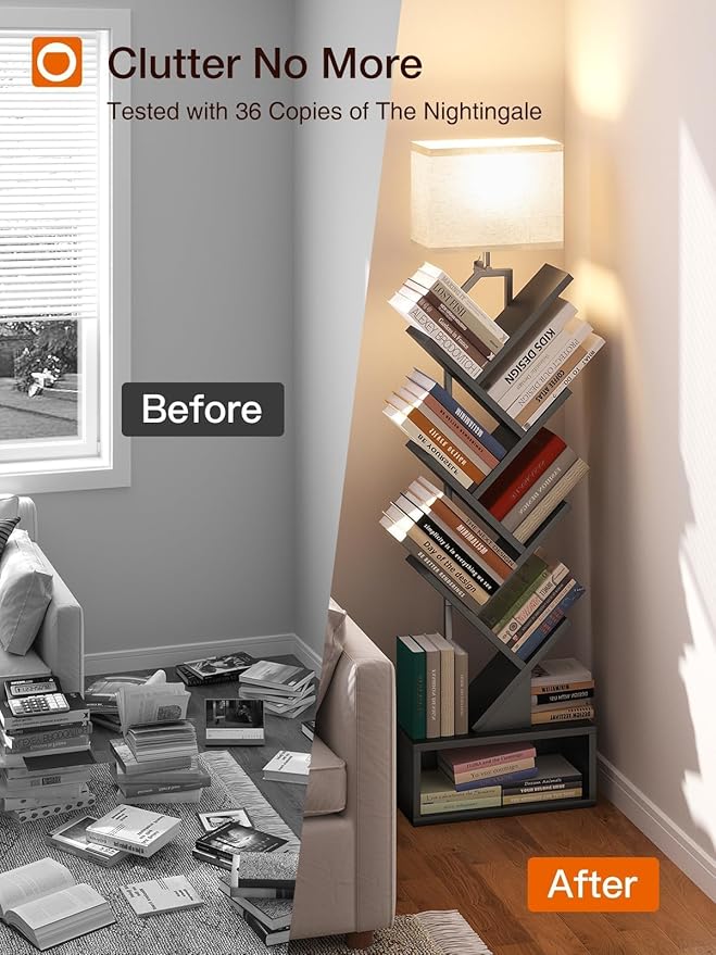 addlon 6-Tier Tree Bookshelf, Steel&Wood Corner Shelf with 3CCT Bulb,Small Book Shelf for Bedroom, Home Office&Living Room-Rustic Brown-Black Oak