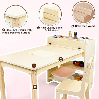 Kids Art Table and Chair Set, Birch Wooden Activity Craft Table, Kids Drawing Table, Toddler Desk with Storage and 1 Chair