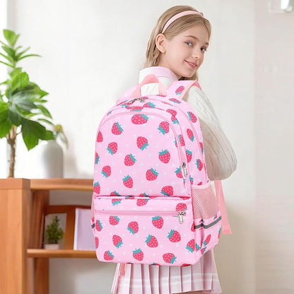 DSIUE Kids Backpack for Girls Elementary BookBags Teens School Backpack with Lunch Box Strawberry Pink