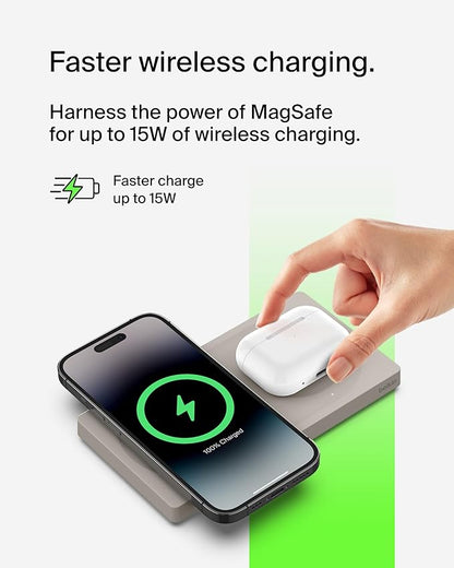 Belkin MagSafe-Compatible 2-in-1 Wireless Charger 15W, Fast Charging Station for iPhone 16, 15, 14, 13 Series, AirPods, and More - Dual Device Charging Pad - Sand