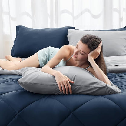 HEVUMYI Twin Comforter Set - 5-Piece All Season Bed in a Bag Twin, Ultra Soft Bedding Set with Comforter, Flat Sheet, Fitted Sheet, Pillowcases, Pillow Shams, Navy Blue & Light Grey