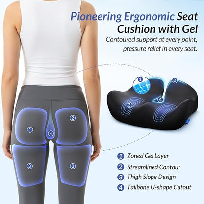 ZIKEE Pioneering Gel Seat Cushion for Sitting Without Stuffiness, Ergonomic Memory Foam Office Chair Cushion for Sciatica, Back, Tailbone Pain Relief, Anti-Slip Car Seat Cushion, Breathable Cover
