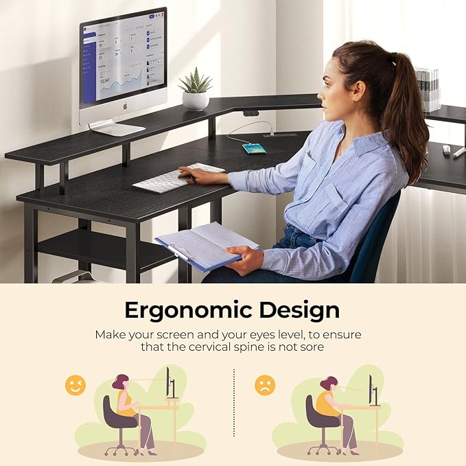 Rolanstar L Shaped Gaming Desk with LED Lights & Power Outlets, 53" Computer Desk with Full Monitor Stand & Storage Shelf, Corner Desk with Hooks, Black Desk Reversible
