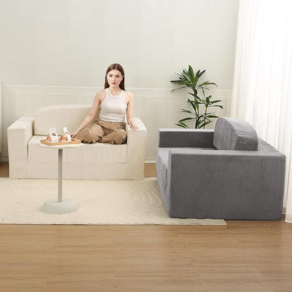 MeMoreCool Convertible Sofa Bed – Small Beige Corduroy Loveseat Sleeper, Boneless Fold-Out Cloud Couch with Foam, Trifold Floor Futon with Washable Cover for Bedroom, Apartment, Guest Room