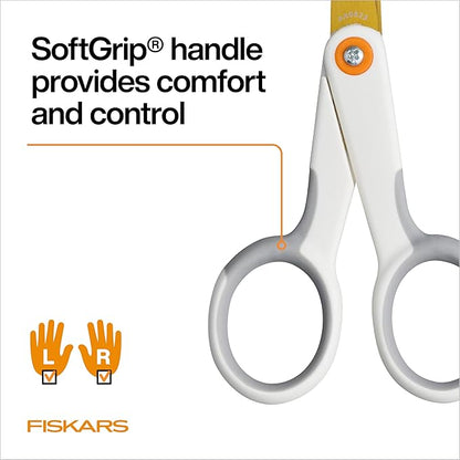 Fiskars Micro-Tip Scissors, Precision Cutting Shears, Titanium Blades & SoftGrip Handle for Intricate Cuts, 5”, White/Gray