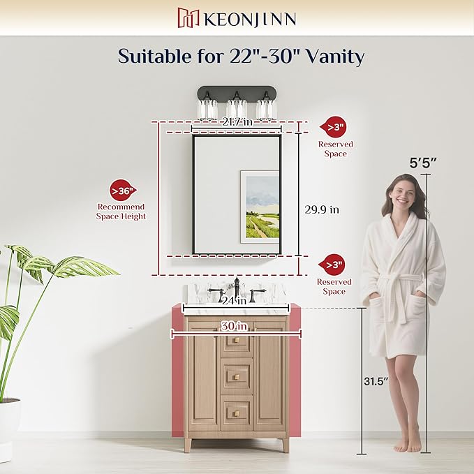 Keonjinn 22 x 30 Inch Black Bathroom Mirrors for Over Sink, Beveled Rectangle Framed Mirrors for Wall, Black Bathroom Vanity Mirror, Tempered Glass, Square Corner, Farmhouse Style
