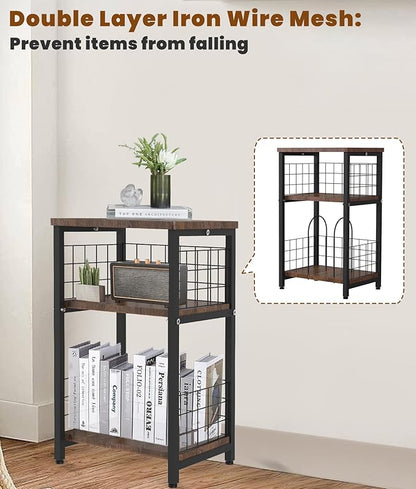 Record Player Stand, 3 Tier End Table with Double Layer Iron Wire Mesh Turntable Vinyl Record Stand Storage Up to 100 Albums, Nightstand Small Side Tables for Living Room Bedroom, Black