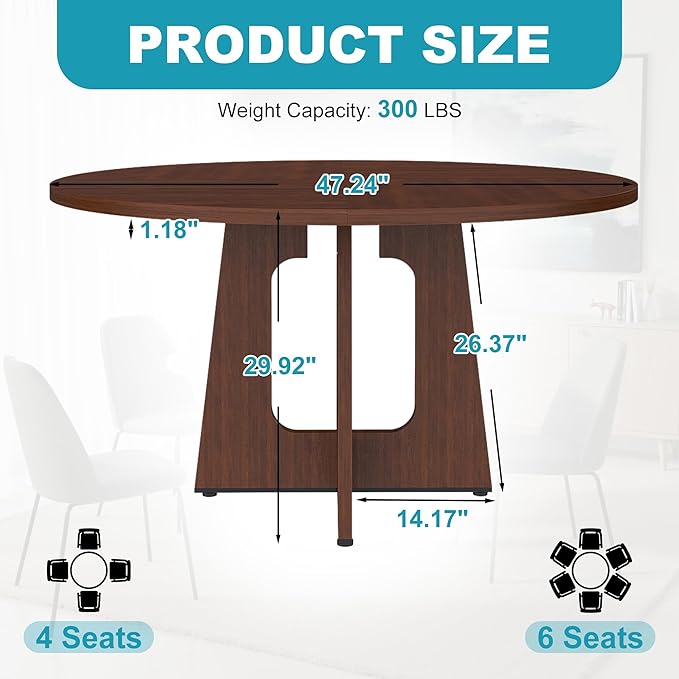 47" Round Dining Table for 4-6, Modern Small Dinner Table Farmhouse Round Kitchen Tables with Wood Grain Finish for Dining Room, Kitchen, Living Room, Walnut Brown
