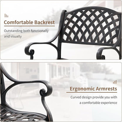 Outdoor Cast Aluminum Chairs Set of 2, Patio Dining Chair with Armrest, All-Weather Patio Bistro Chair Set with Adjustable Foot Pads for Balcony, Lawn, Garden, Backyard