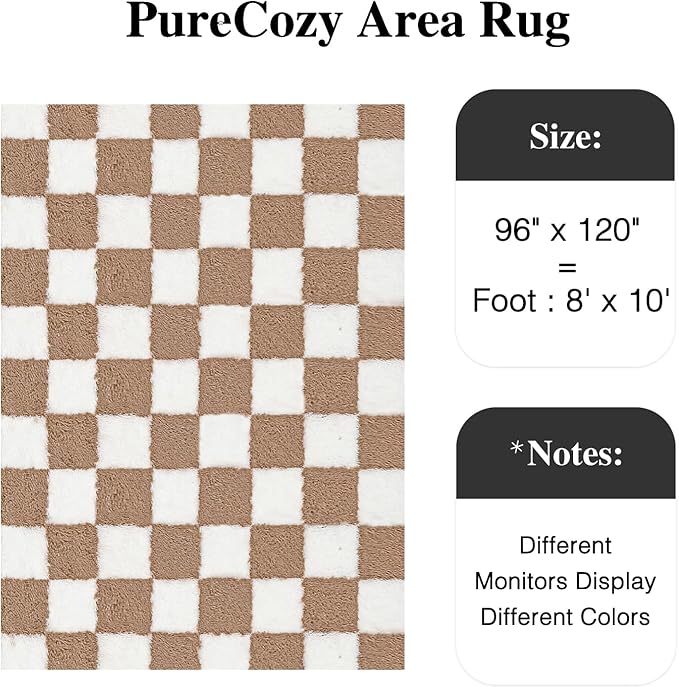 Checkered Rug 8x10 for Living Room, Brown and White Modern Shag Rugs Super Soft Washable Indoor Office Fuzzy Carpet Non-Slip Fluffy Rugs for Bedroom Home Aesthetic Decor