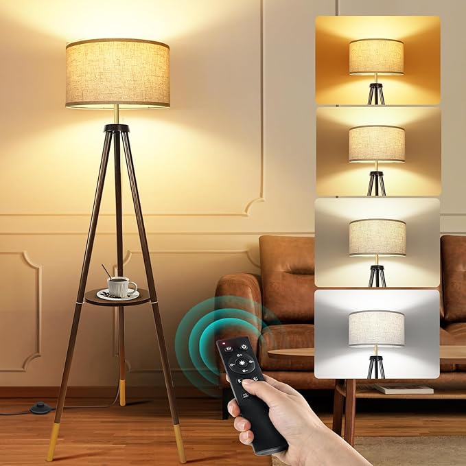OUTON Wood Tripod Floor Lamp with Shelves, Mid Century Floor Lamp with Remote Control, 4 Color Temperature, LED Modern Dimmable Standing Lamp for Living Room, Bedroom, Office, Black & Gold