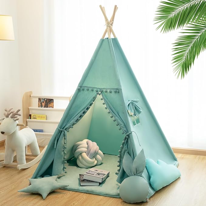 Teepee Tent for Kids with Mat, Star Lights, Carry Case, Cotton Canvas Playhouse, Foldable Tents, Portable Children Play Tent Indoor Outdoor (Jewelry Blue)