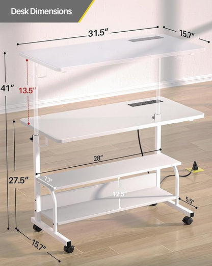 Armocity Height Adjustable Standing Desk with Power Outlets, 32" Manual Stand Up Desk with Storage Shelves Small Mobile Rolling Computer Desks Portable Laptop Table with Wheels for Home Office, White