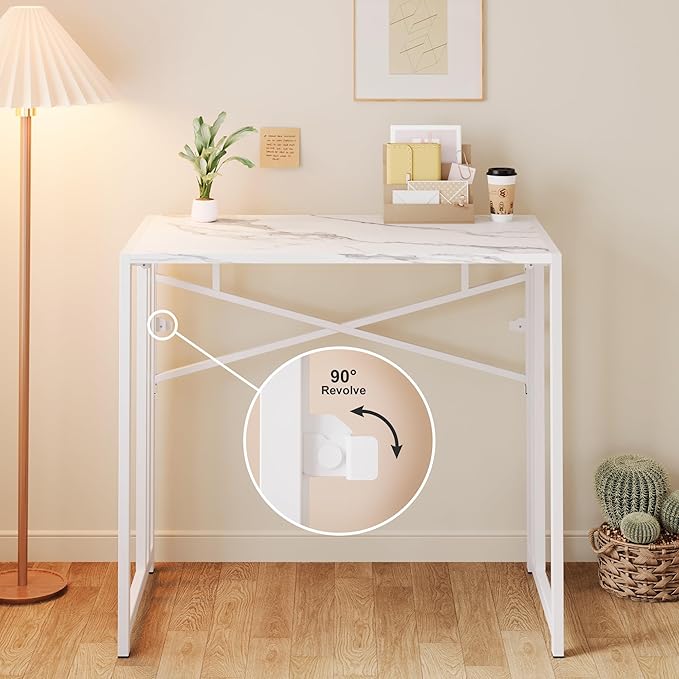 35 inch Folding Small Desk, Writing Gaming Computer Camping Desk for Small Spaces, No Assembly Required Home Office Table, White Marble