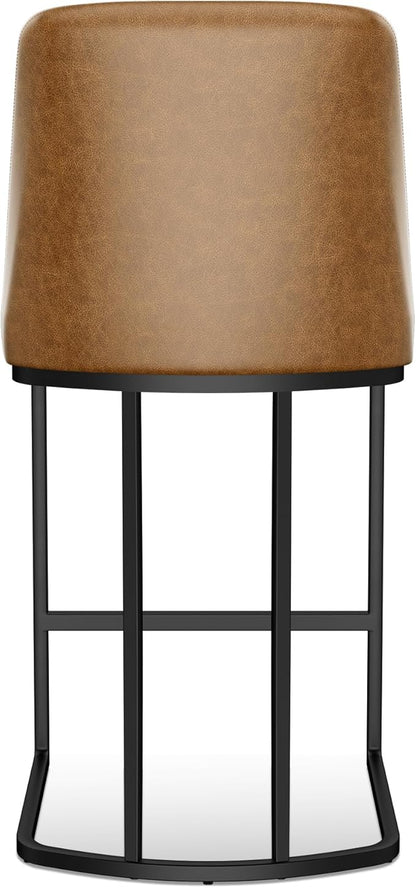 Counter Height Bar Stools Set of 2, Upholstered Leather Barrel Barstools with Back and Metal Legs for Kitchen Island, 27.4" Seat Height, Fabric in Faux Leather, Rustic Brown