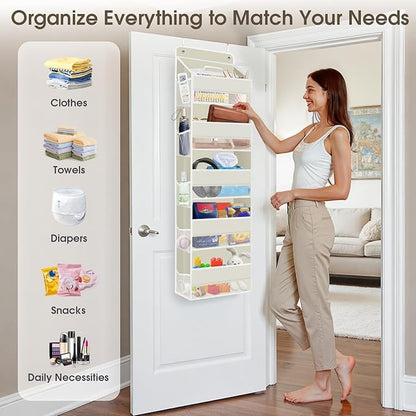 1 Pack Over The Door Organizer, Hanging Storage Organizer with Clear Window, 40lb Ultra Sturdy Large Capacity Room Organizer for Pantry Bathroom Nursery Closet Baby Essential (Beige)