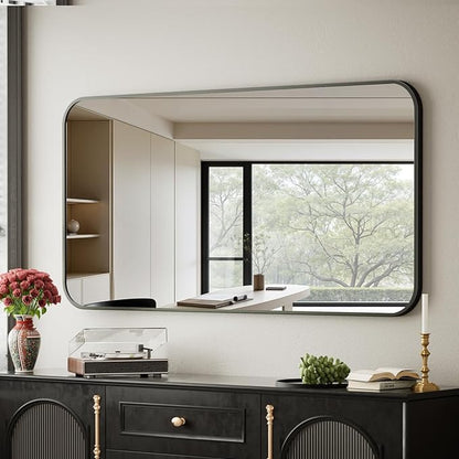 BEAUTYPEAK 26" x 38" Rectangular Aluminum Alloy Frame Wall Mounted Bathroom Mirror with Rounded Corners, Black