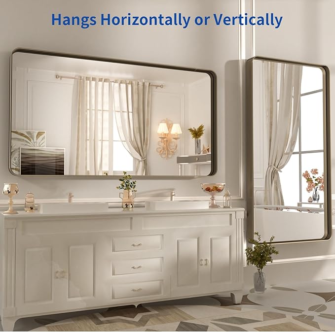 WEER 55x30 Inch Bronze Bathroom Mirror for Vanity, Brushed Bronze Metal Frame Rounded Rectangle Mirror with Tempered Glass, Anti-Rust (Horizontal/Vertical)
