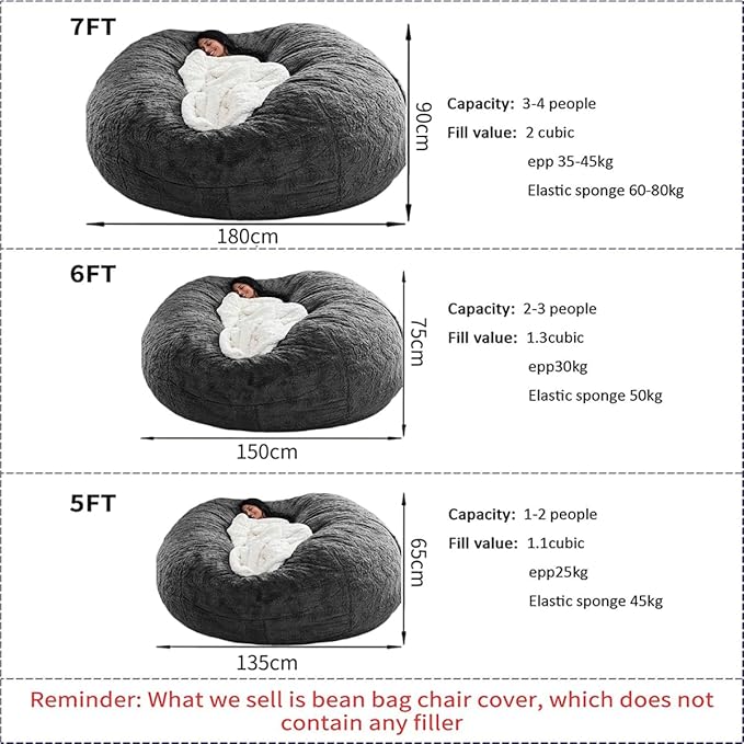 Bean Bag Chair for Adults Kids Without Filling Comfy Oversized Round Lazy Sofa Bean Bag Cover for Stuffed Animal Storage Bedroom Living Room Chairs, 6FT, Rose Red