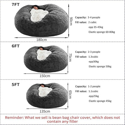 Bean Bag Chairs for Kids Comfy Fluffy Big Joe Bean Bag Chair Cover Without Filler Round Sofa Chairs for Bedroom Living Room Decor, 5FT, Silver Blue