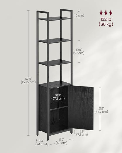 VASAGLE 6-Tier Bookshelf, Tall Bookcase with Cabinet, Steel Frame, Adjustable Shelves, 9.4 x 15.7 x 62.8 Inches, Living Room Bedroom, Ebony Black and Ink Black ULLS132B01