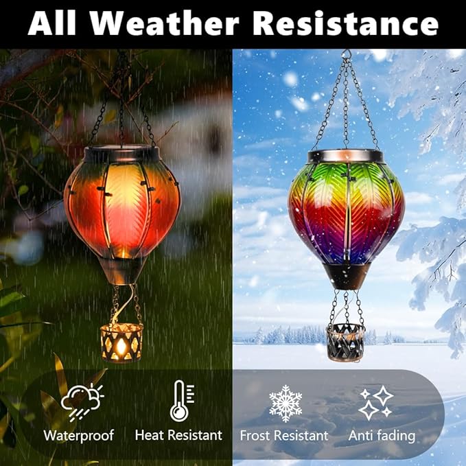 Colorful Solar Hot Air Balloon Lantern with Flame Flickering LED Glass Hanging Solar Lanterns Outdoor Waterproof Hot Air Balloon Lights for Patio Yard Garden Decor,Mother Day Gifts for Women