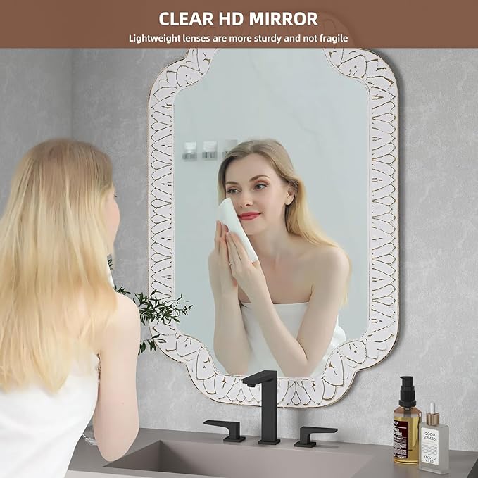 36x24 Inch Scalloped Wall Mirror with Wooden Frame, Rustic Farmhouse Bathroom Vanity Mirror, Decorative Mirrors for Living Room, Bedroom, Entryway – Vertical or Horizontal Mount