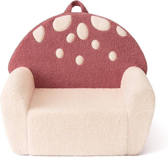 Blissful Diary Toddler Chair Comfy, Foam Kids Chair with Soft Teddy Plush, Toddler Reading Armchair with Cute Mushroom Designs- Rusty Red