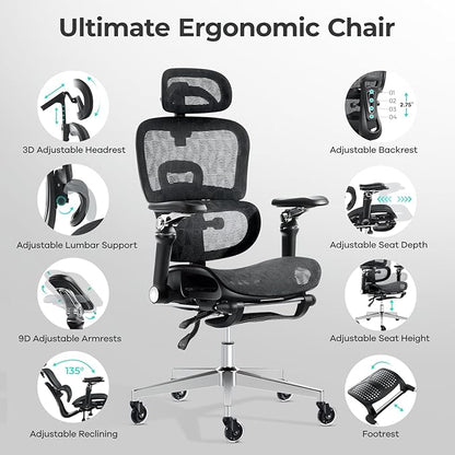 Ergonomic Office Chair with 9D Arms,Adjustable Seat Depth,3D Lumbar Support,135° Recline,3D Headrest & Footrest,Mesh Computer Desk Chair - Ultimate Comfort for Home & Executive Office Black