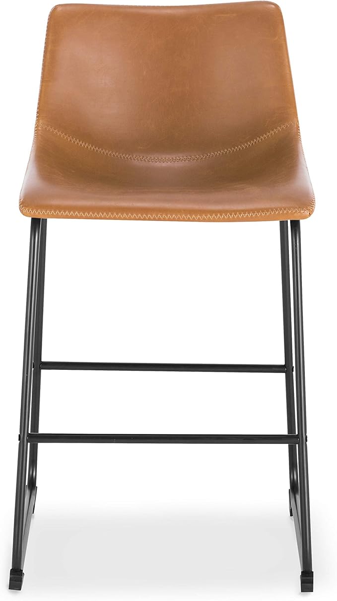 POLY & BARK Bar Stools Set of 3 – 34" Counter Height Chairs with Back, Tan PU Leather Seats with Metal Legs, Modern Industrial Style for Kitchen Island