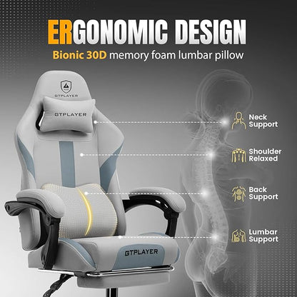 GTRACING Gaming Chair with Foot Rest & Pocket Spring Cushion, Breathable Fabric for Home Office Desk, Ergonomic High Back Computer Chair with Headrest & Lumbar Support, Gray