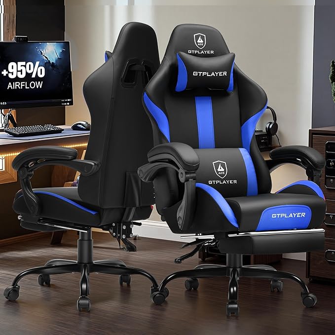 GTRACING Gaming Chair with Foot Rest & Pocket Spring Cushion, Ergonomic High Back Computer Chair with Headrest & 360°-Swivel Seat for Home Office Desk, PU Leather, Blue