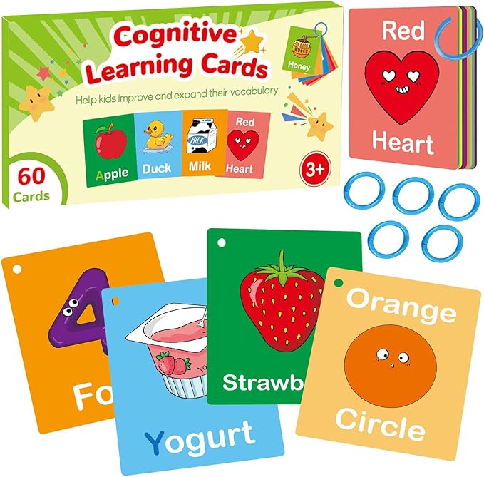 Toddler Learning Flash Cards, 60 PCS Double Sides Flashcards for Alphabets, Numbers, Colors, Shapes, Sight Words, Baby Cognitive Flashcards for Kids, Preschool Kindergarten Learning Activities